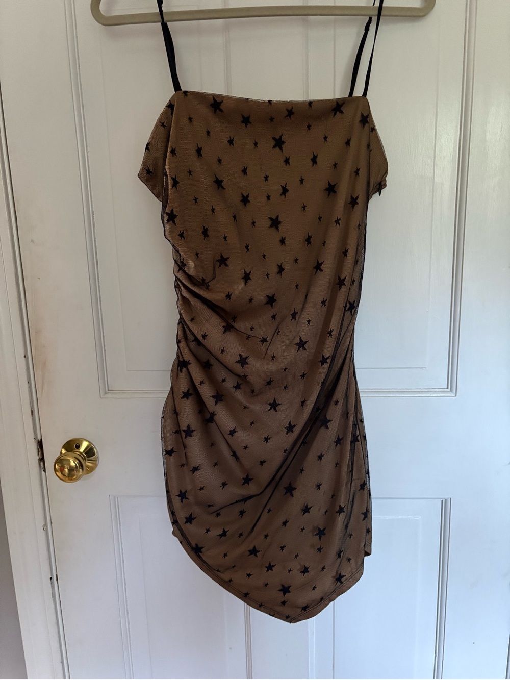 Storia Brown Star-Print Mini Slip Dress with Black Stars